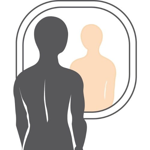 illustration of man facing a mirror and looking at his face, ears, neck, chest and belly