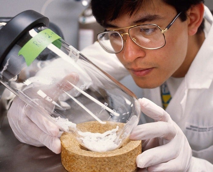 male researcher studying substance in large beaker