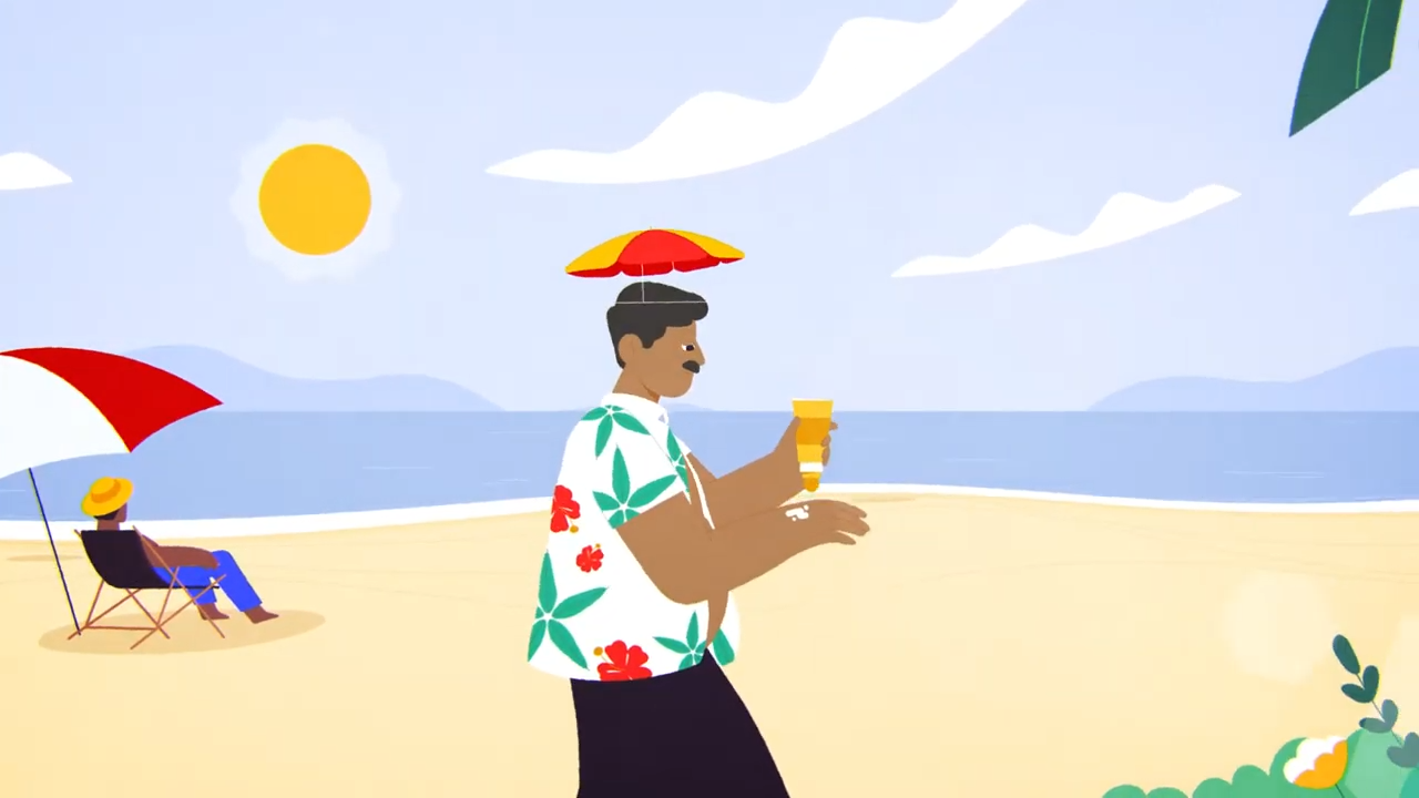 Animated video still showing  man walking along the beach, applying sunscreen to his arm.