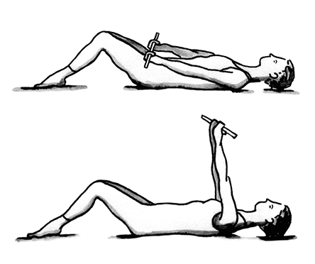 Illustration showing woman lying on her back with her knees bent and feet flat   on the floor.  She is holding a wand across her stomach with both hands facing   up. Second illlustration shows woman in same position but she has lifted the   wand up over her head.
