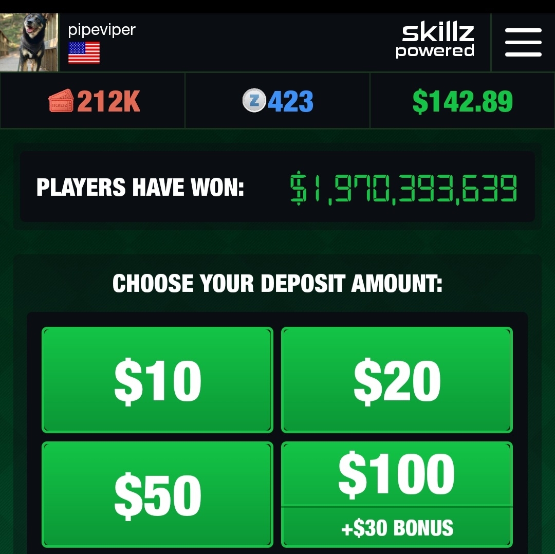 Screenshot of how to add funds to a Skillz Tournament on a mobile phone