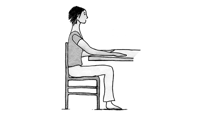 Illustration showing woman sitting in a chair close to a table with her back against the chair and arm on the table with elbow bent and palm down.