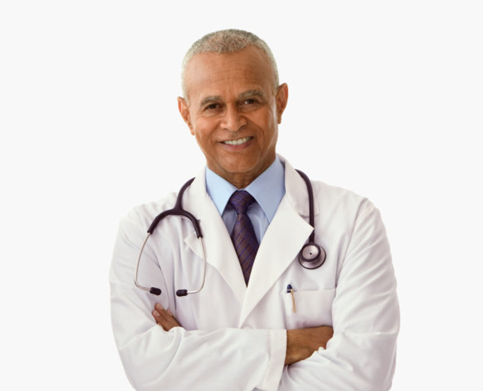 smiling doctor with arms crossed in front of white background