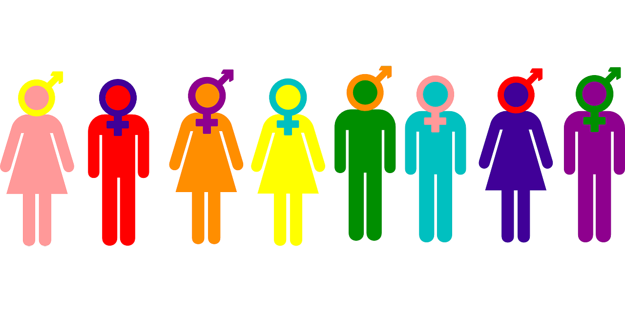 iconic male and females in various colors with symbols of male and female around heads 